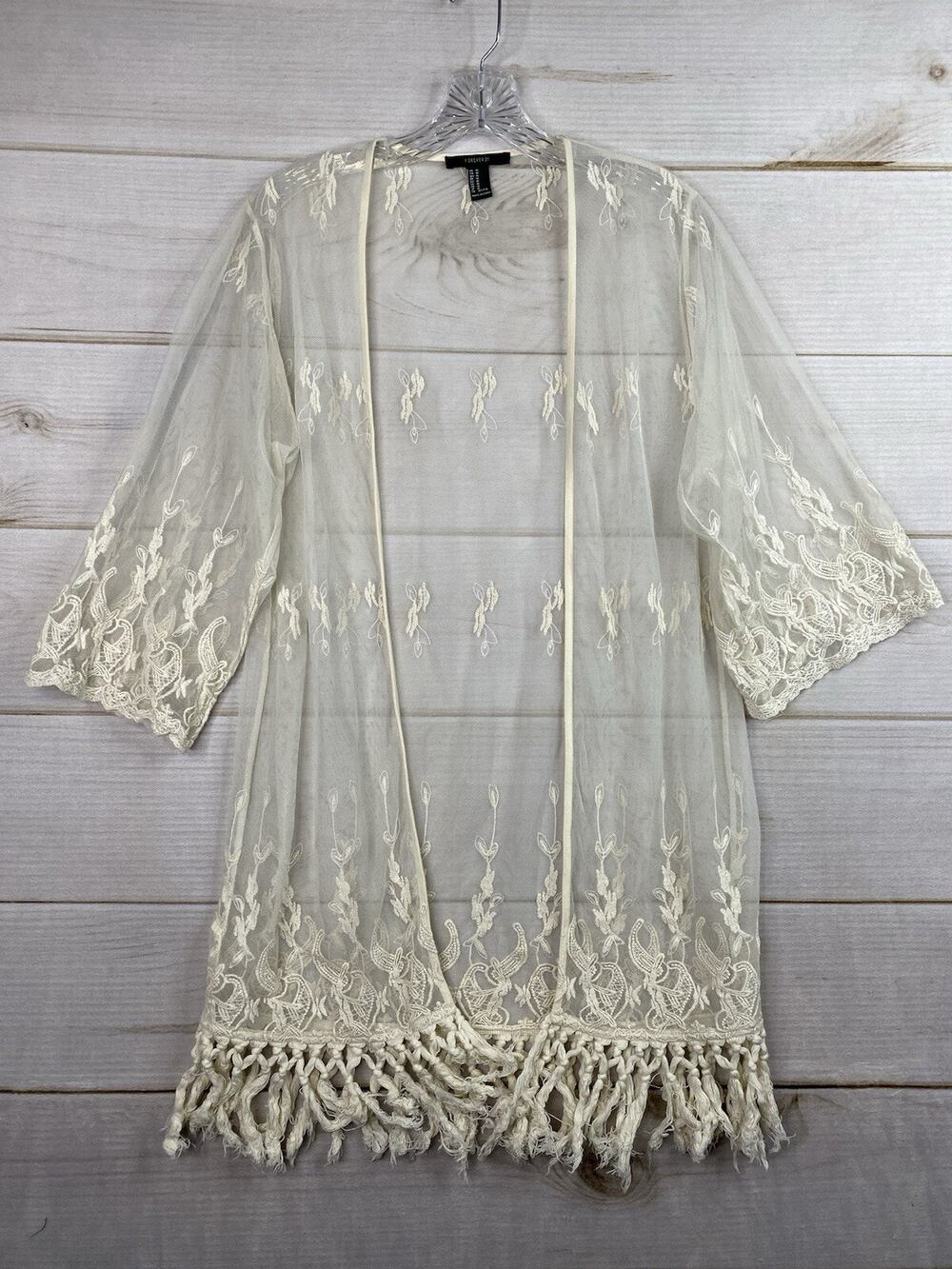 Forever 21 Cardigan Womens M Beige Open Front 3/4 Sleeve Boho Fringe Lace Robe